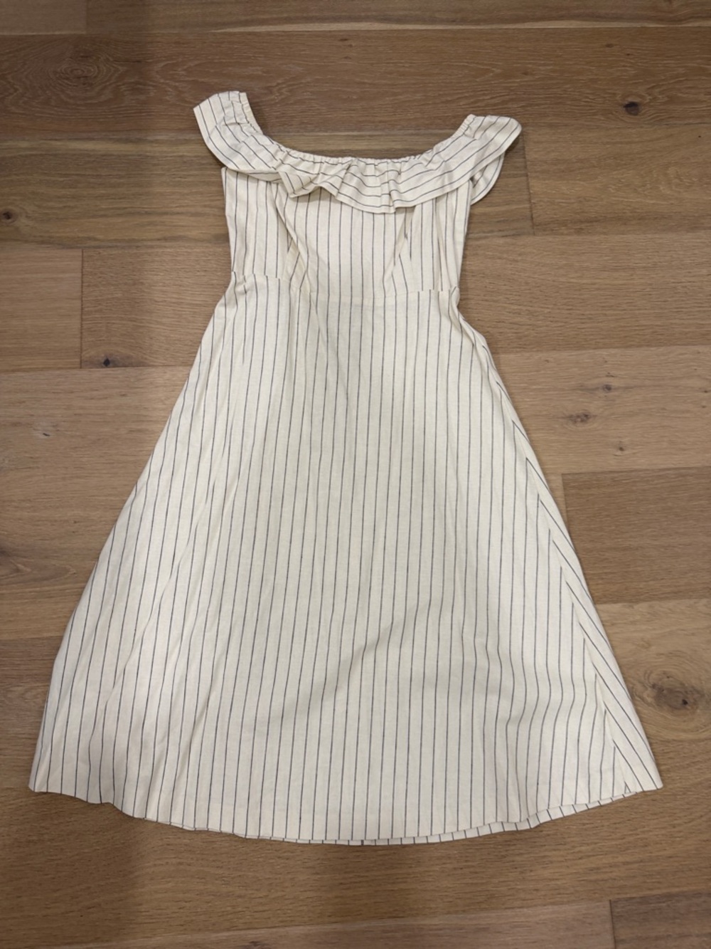 Ann Taylor Cream Dress with Navy Pinstripes and Ruffle Neck
